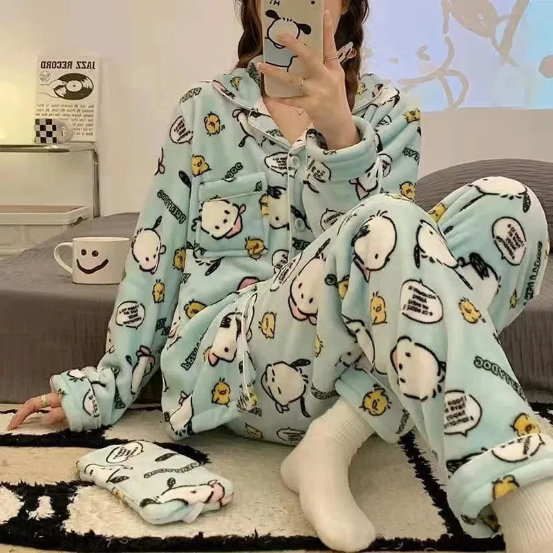Pijama Feminino de Pelúcia Kitty Conjunto Com Moletom e Calça De Pelúcia Plush | Quentinho, Macio e Super Confortável