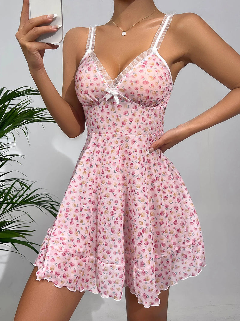 Camisola BabyDoll Pijama Feminino Sweet Flowers - Elegante e Sensual | Tecido Cetim Seda Super Macio, e Confortável