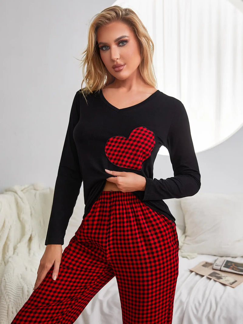 Pijama Feminino Coração Xadrez Conjunto Com Calça e Camisa Longa | Tecido Leve e Confortável