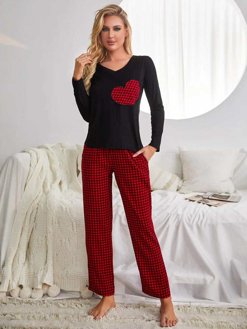 Pijama Feminino Coração Xadrez Conjunto Com Calça e Camisa Longa | Tecido Leve e Confortável