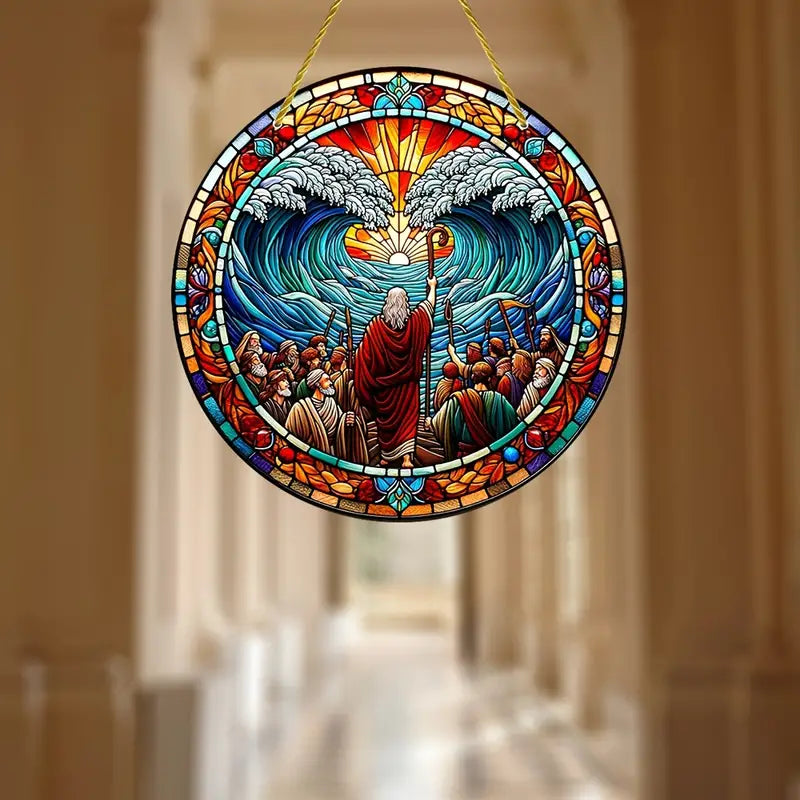 Vitral Decorativo Em Acrílico - Moises Abre o Mar Vermelho | Decoração Religiosa Para Sua Casa