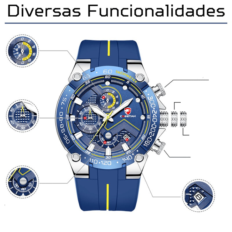 Relógio Masculino CHEETAH TACHYMETER - Design Sport Fino, Cronógrafo, Calendário e à Prova D'água
