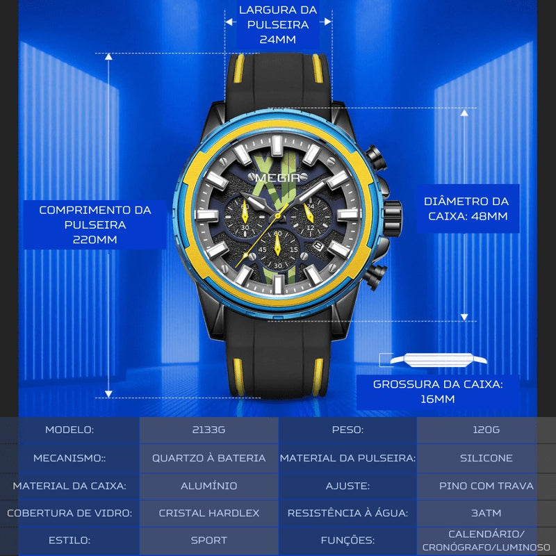 Relógio Masculino MEGIR SPORT EXPLORER - Design 3D, Cronógrafo, Movimento de Quartzo